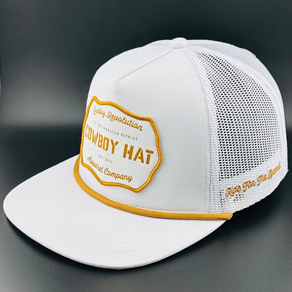 “Cowboy Hat” Patch Rope Trucker Hat - White