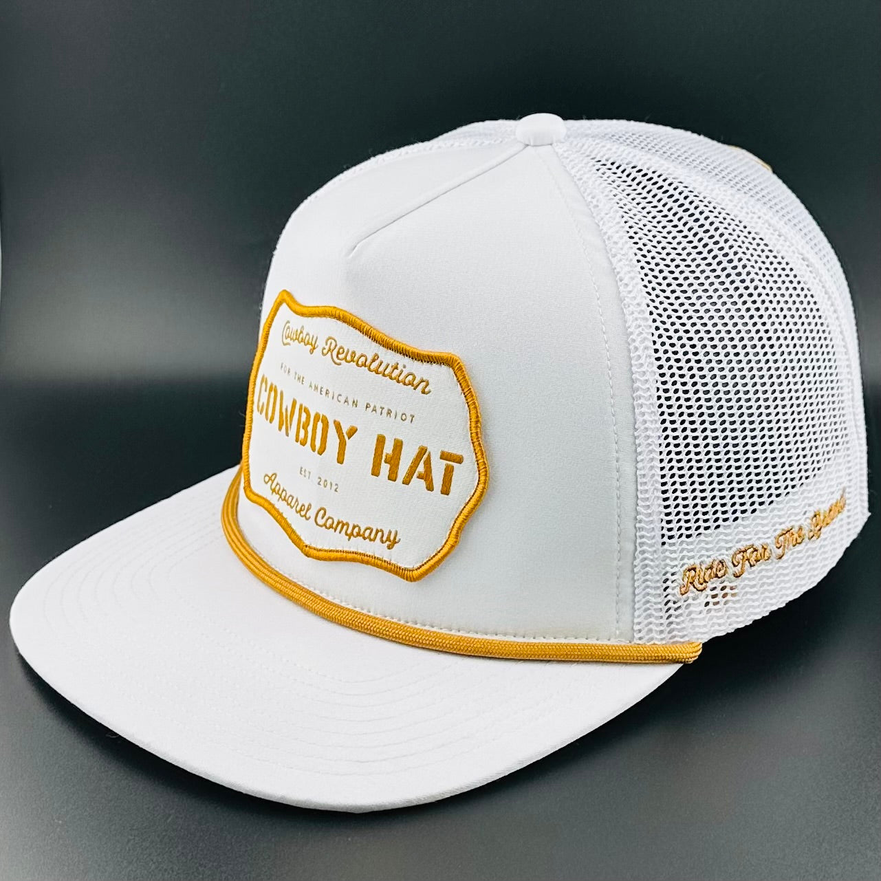 “Cowboy Hat” Patch Rope Trucker Hat - White