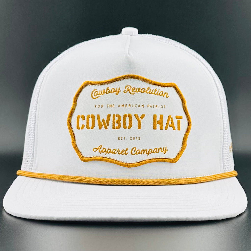 “Cowboy Hat” Patch Rope Trucker Hat - White